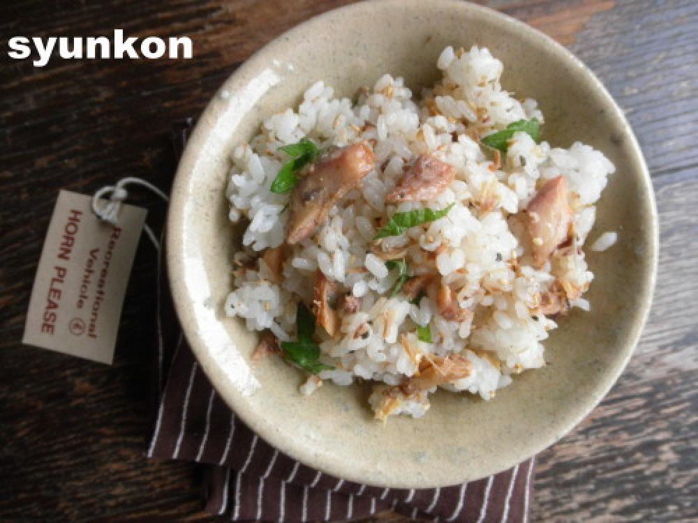 サバ缶と大葉、しょうが、ゴマの混ぜご飯